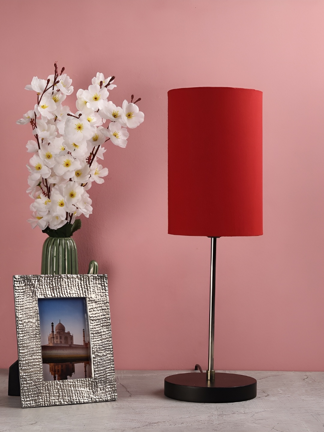 BTR CRAFTS Red Metal Cylindrical Shaped Table Lamp with Adjustable Cord
