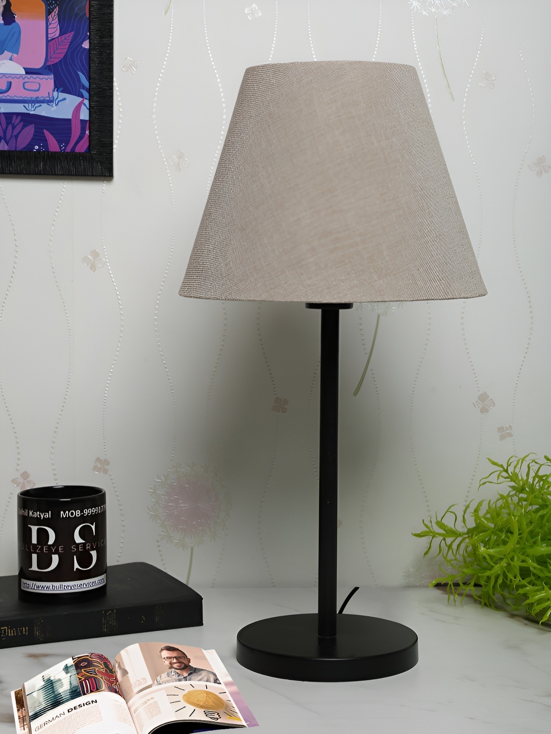 

BTR CRAFTS Khaki & Black Textured Frustum Shaped Metal Table Lamp with Adjustable Cord