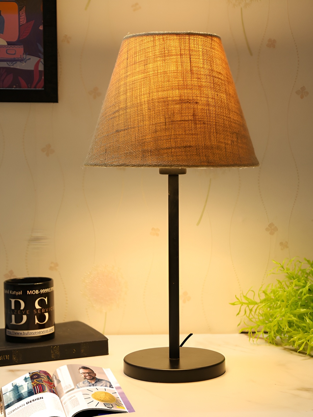 BTR CRAFTS Beige & Black Frustum Shaped Metal Table Lamp with Adjustable Cord