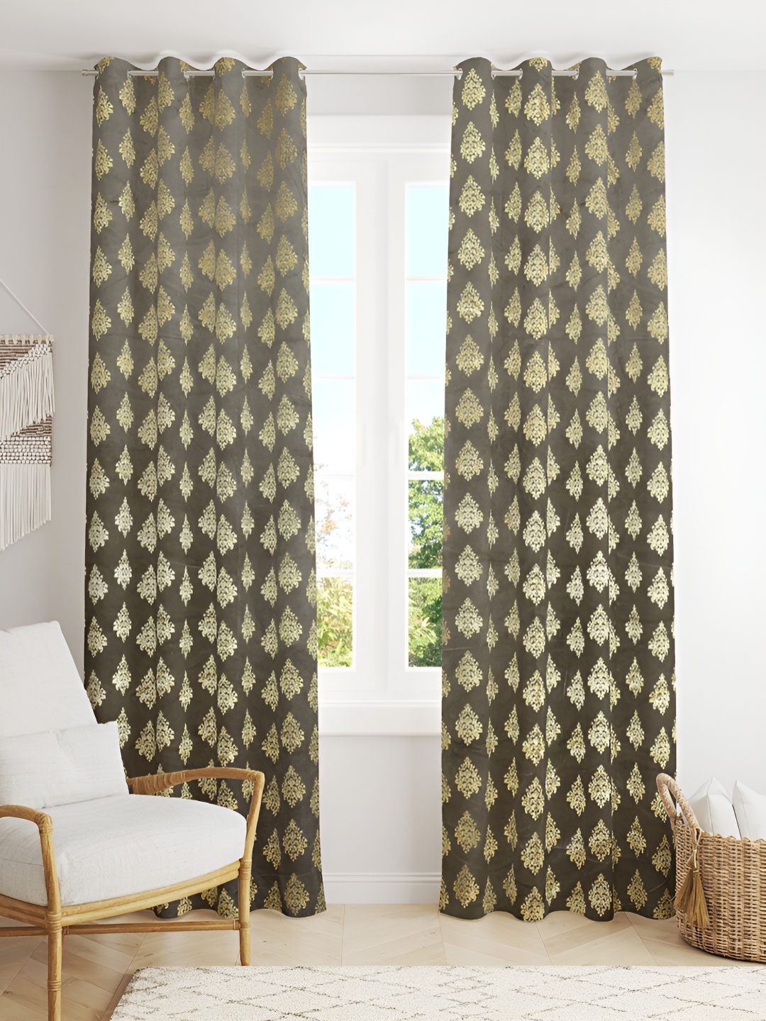 

Kraftiq Homes Grey & Gold Toned 2 Pieces Ethnic Motifs Room Darkening Door Curtains