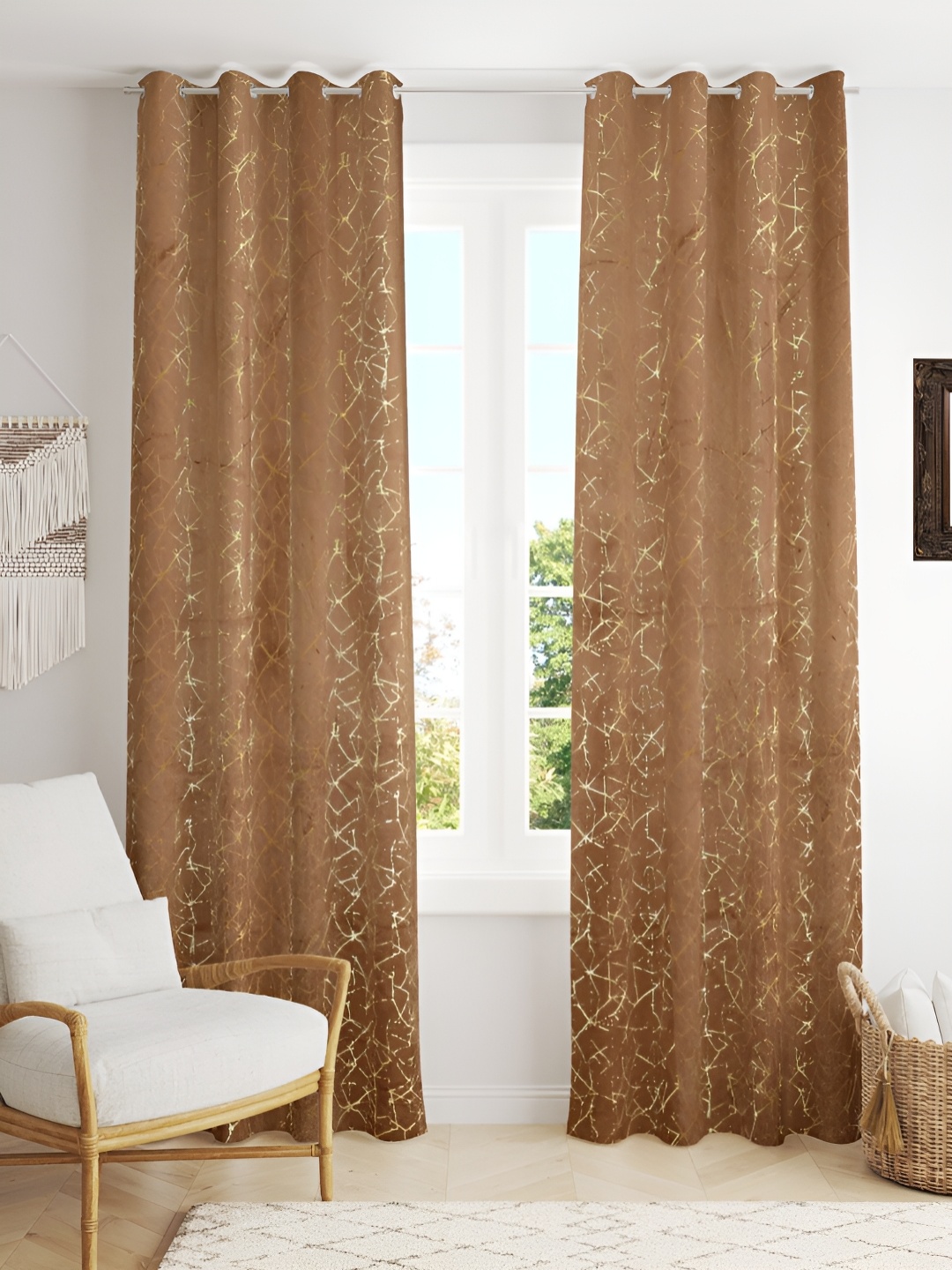 

Kraftiq Homes Foil Brown 2 Pcs Geometric Velvet Room Darkening Window Curtains