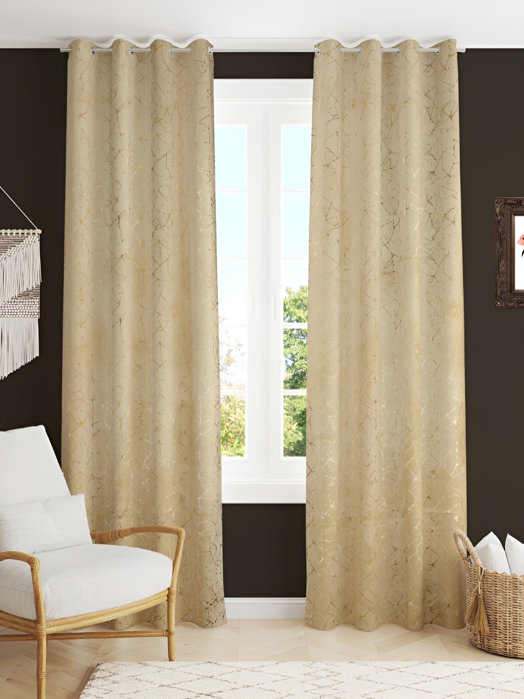 

Kraftiq Homes Foil Cream 2 Pcs Geometric Velvet Room Darkening Window Curtains