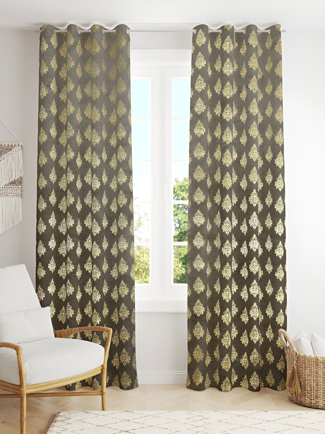 

Kraftiq Homes Foil Green 2 Pcs Ethnic Motifs Velvet Room Darkening Window Curtains