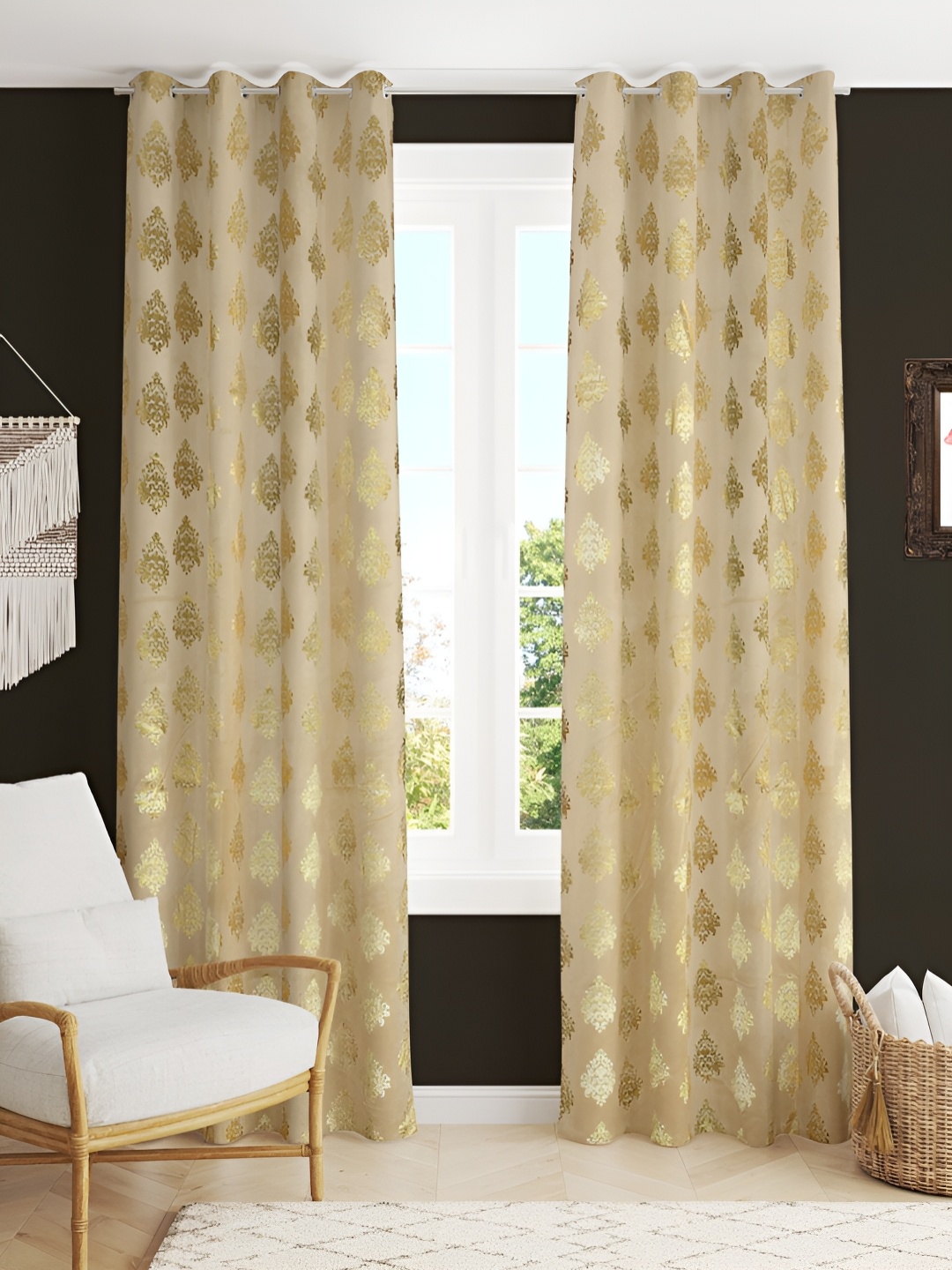 

Kraftiq Homes Foil Cream 2 Pcs Ethnic Motifs Velvet Room Darkening Long Door Curtains