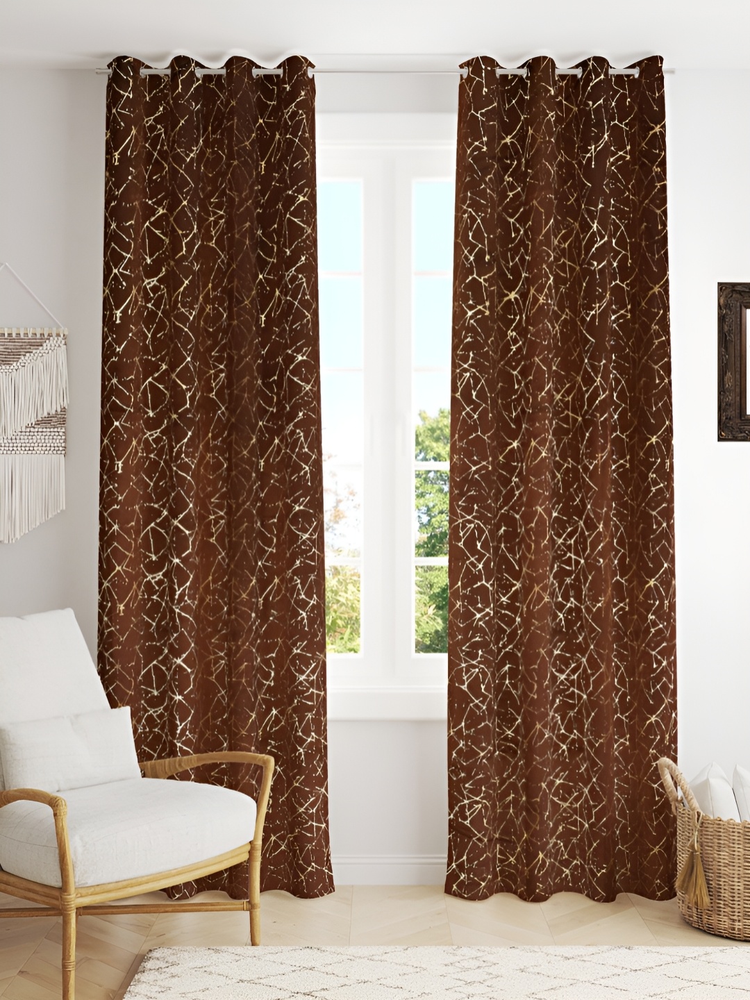 

Kraftiq Homes Foil Brown & Gold-Toned 2 Pcs Geometric Velvet Room Darkening Door Curtains