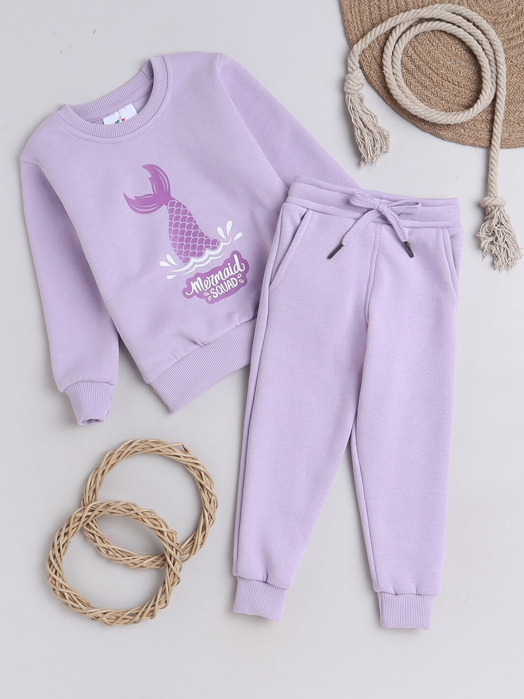 

Knitting Doodles Girls Graphic Printed Long Sleeves Fleece Clothing Set, Purple
