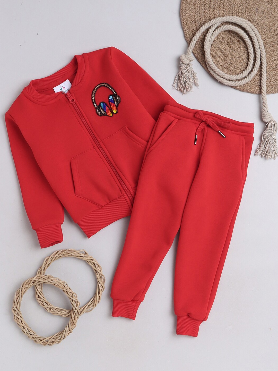 

Knitting Doodles Kids Graphic Printed Long Sleeves Fleece Clothing Set, Red
