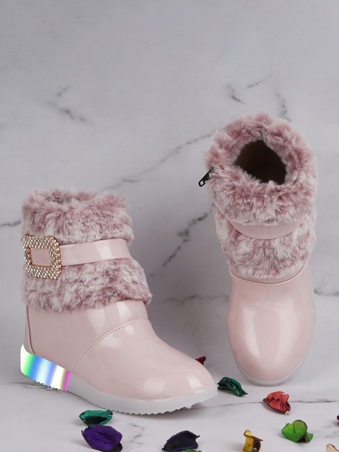 

BAESD Girls Buckle Embellished Faux Fur Trim LED Light Anti-Skid Sole Mid-Top Winter Boots, Pink