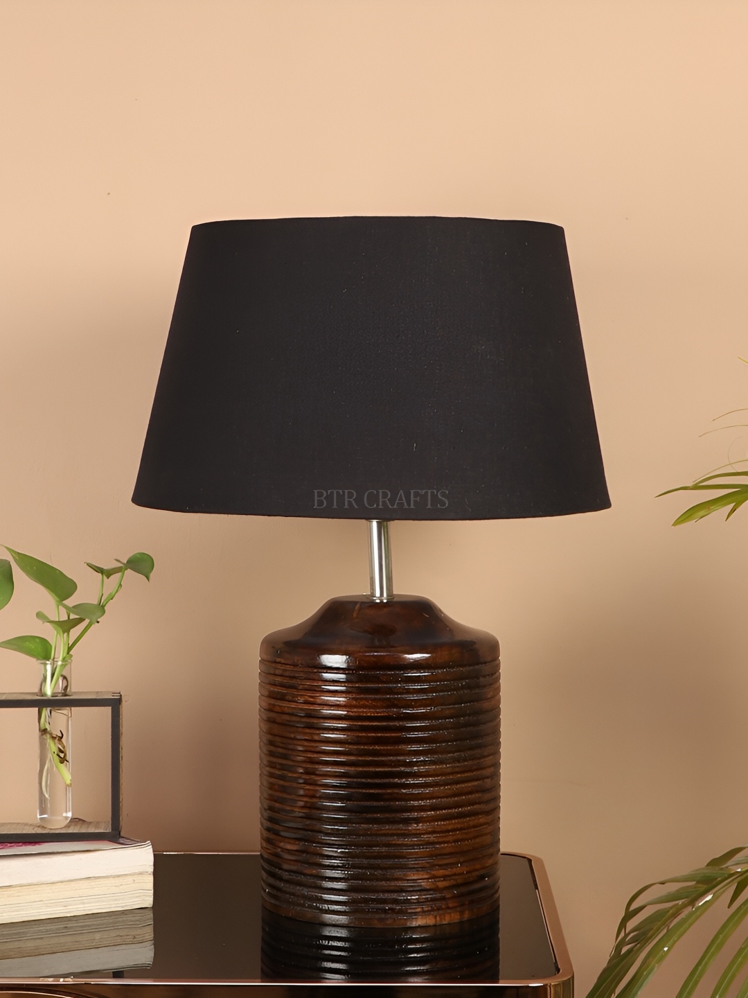 

BTR CRAFTS Black Wood Frustum Shaped Table Lamp with Adjustable Cord