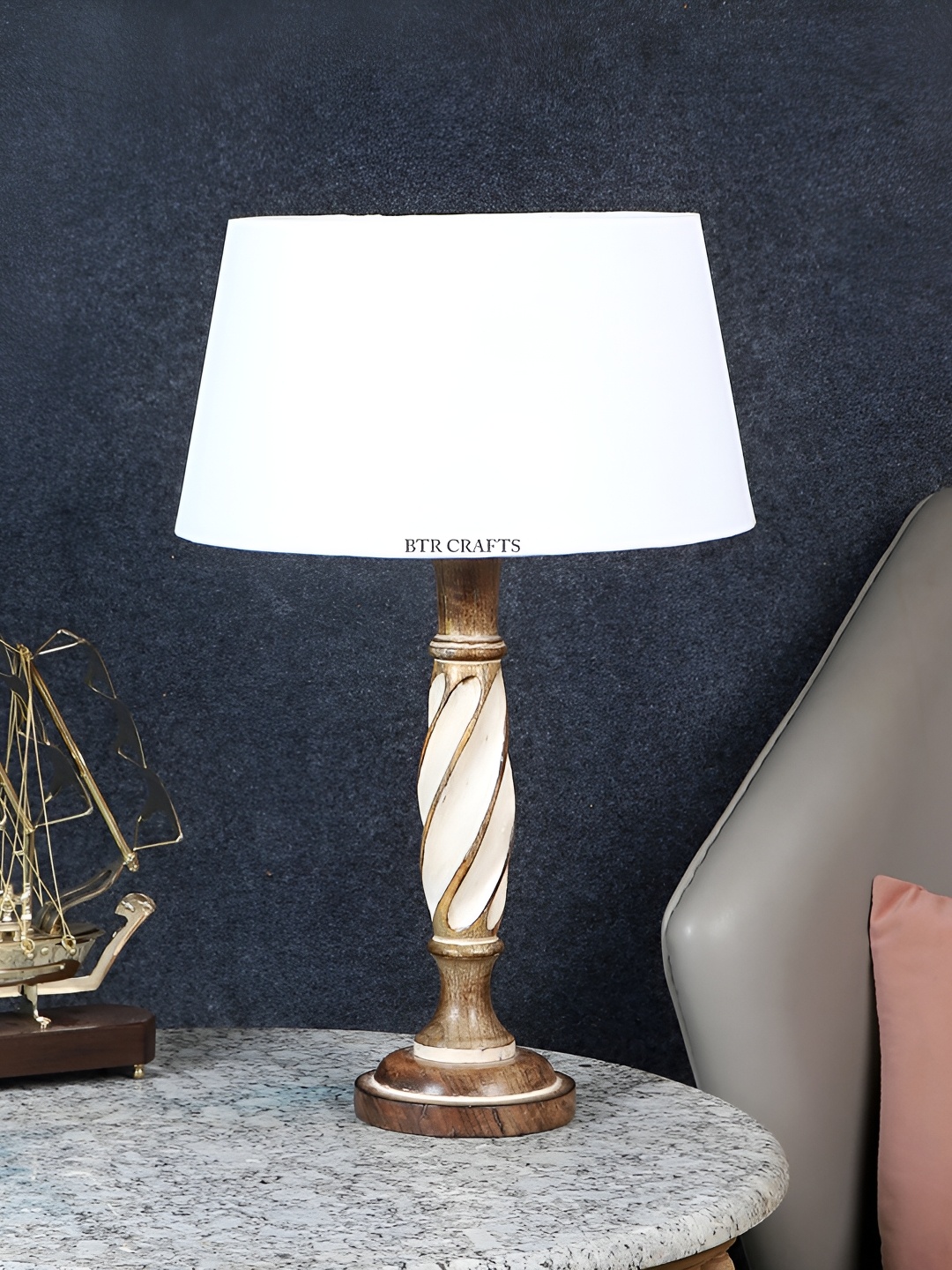 

BTR CRAFTS White Wood Frustum Shaped Table Lamp with Adjustable Cord