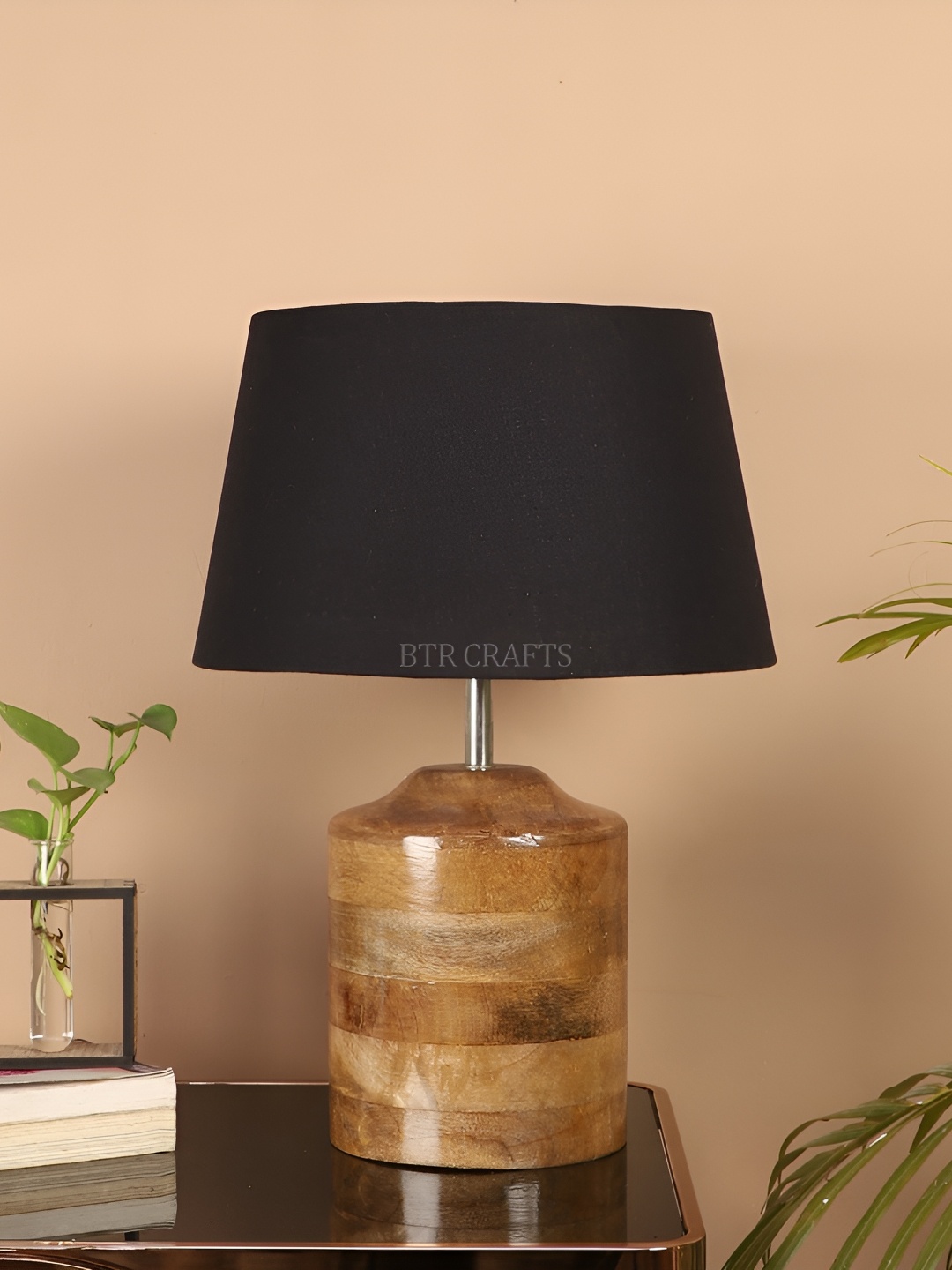 

BTR CRAFTS Black & Brown Frustum Shaped Wooden Table Lamp with Adjustable Cord