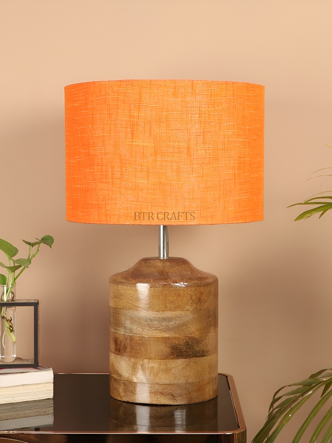 

BTR CRAFTS Orange Textured Cylinder Shaped Wooden Table Lamp With Adjustable Cord