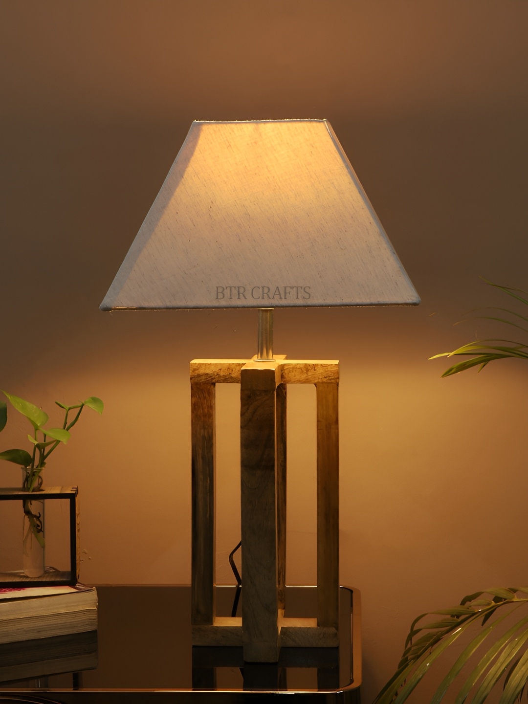 

BTR CRAFTS White & Brown Frustum Shaped Wooden Table Lamp with Adjustable Cord