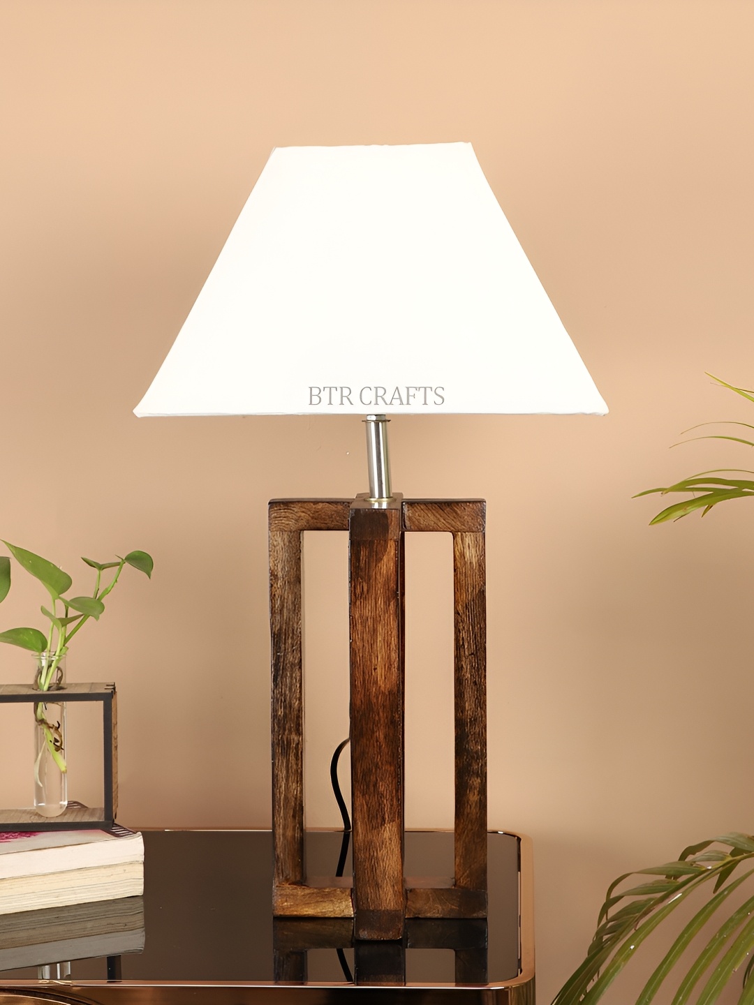 

BTR CRAFTS Brown & White Frustum Shaped Wooden Table Lamp with Adjustable Cord