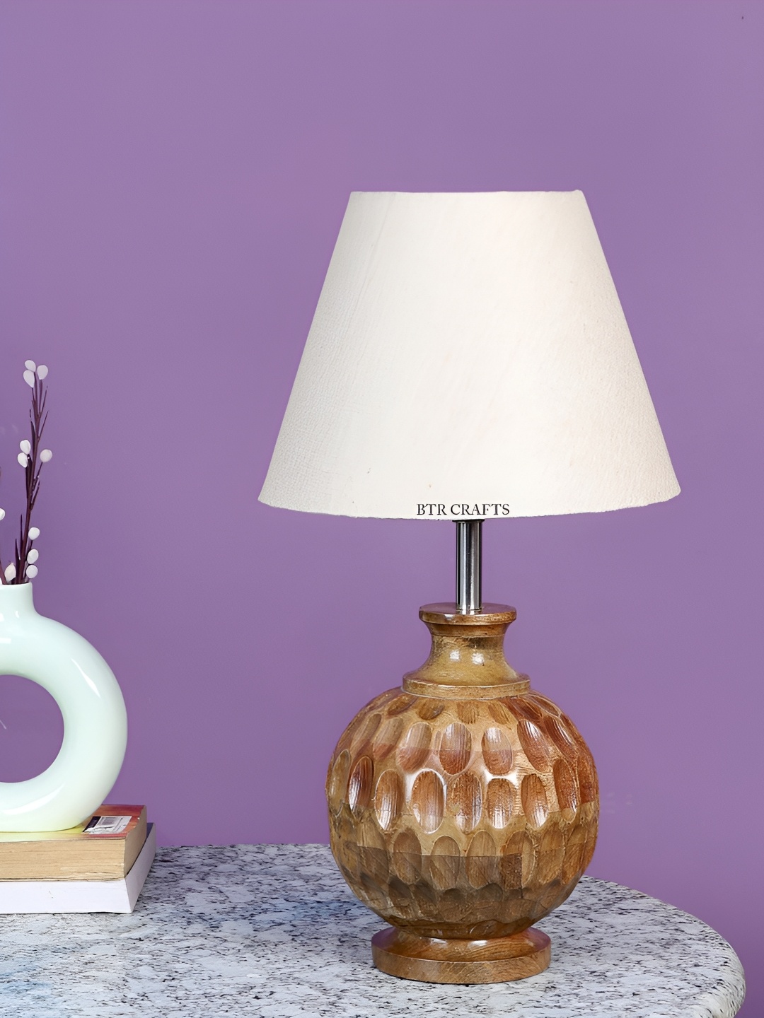BTR CRAFTS Brown White Wooden Frustum Shaped Table Lamp