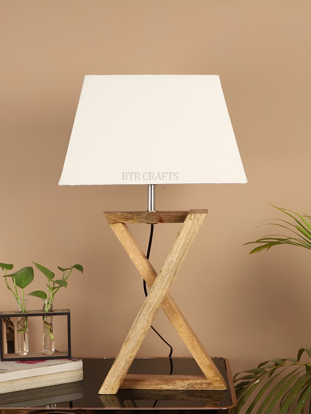 

BTR CRAFTS Brown And White Textured Frustum Shaped Wooden Table Lamp with Adjustable Cord