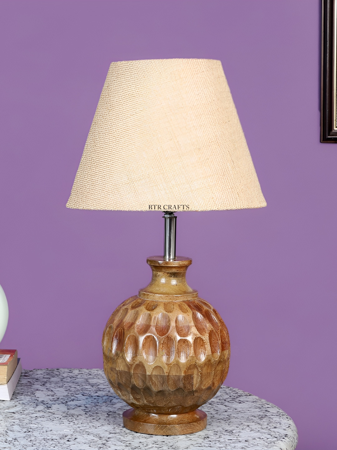 

BTR CRAFTS Brown & Beige Textured Frustum Shaped Wooden Table Lamp with Adjustable Cord