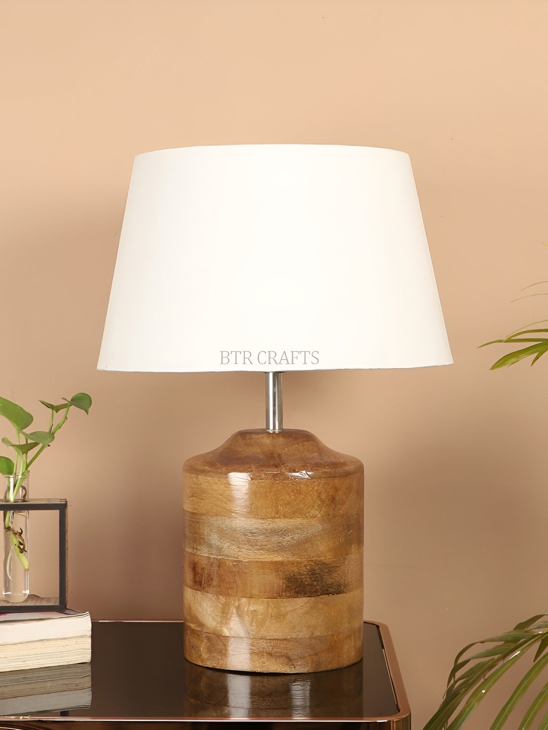 

BTR CRAFTS White & Brown Frustum Shaped Wooden Table Lamp with Adjustable Cord
