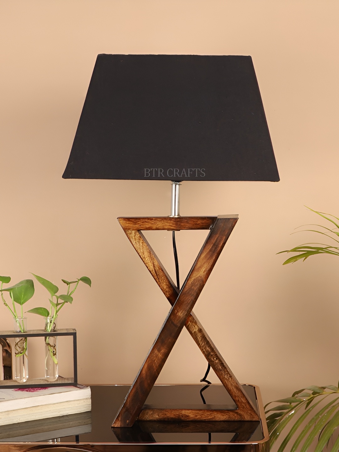 

BTR CRAFTS Brown & Black Frustum Shaped Wooden Table Lamp with Adjustable Cord