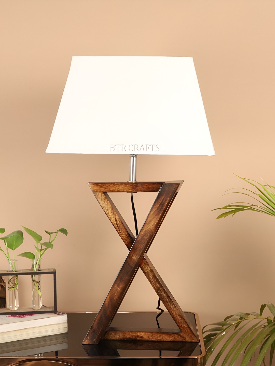 

BTR CRAFTS White & Brown Frustum Shaped Wooden Table Lamp with Adjustable Cord