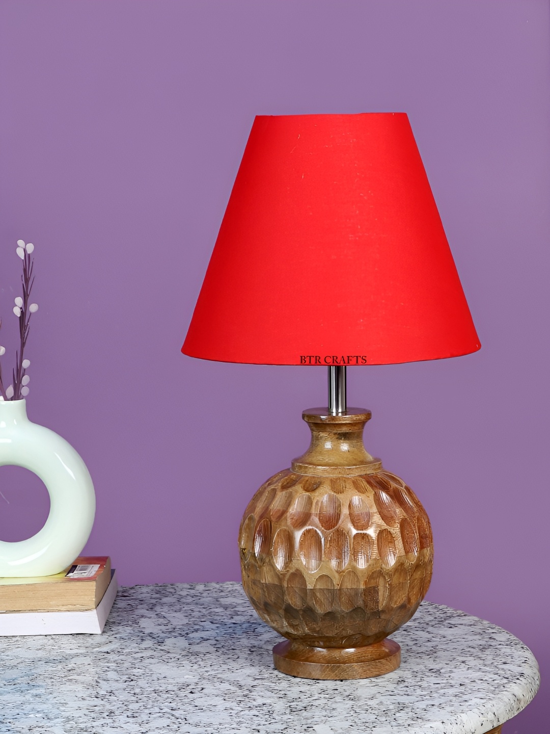 BTR CRAFTS Red & Brown Textured Frustum Shaped Wooden Table Lamp with Adjustable Cord