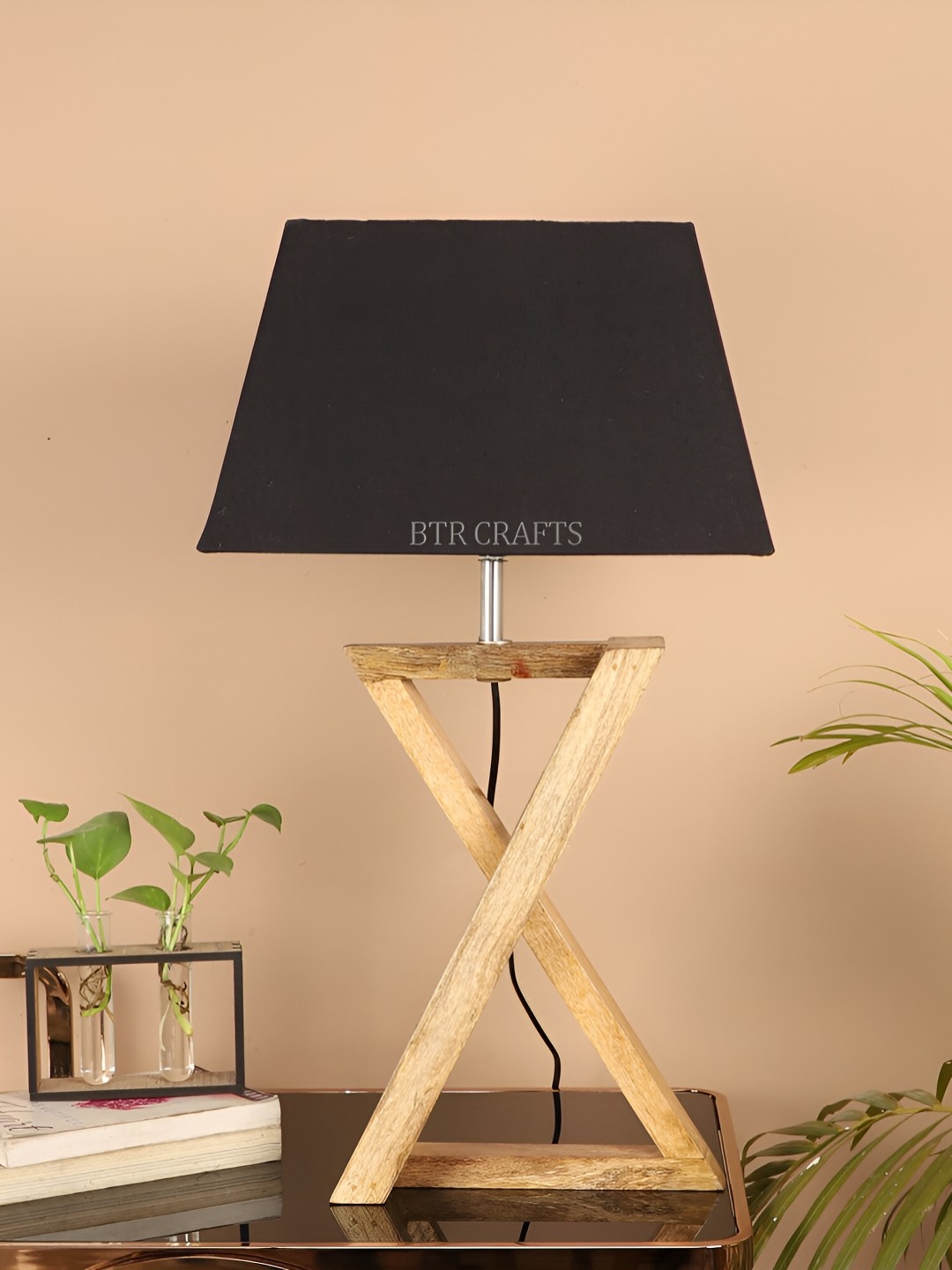 BTR CRAFTS Black Wood Rectangle Table Lamp with Adjustable Cord