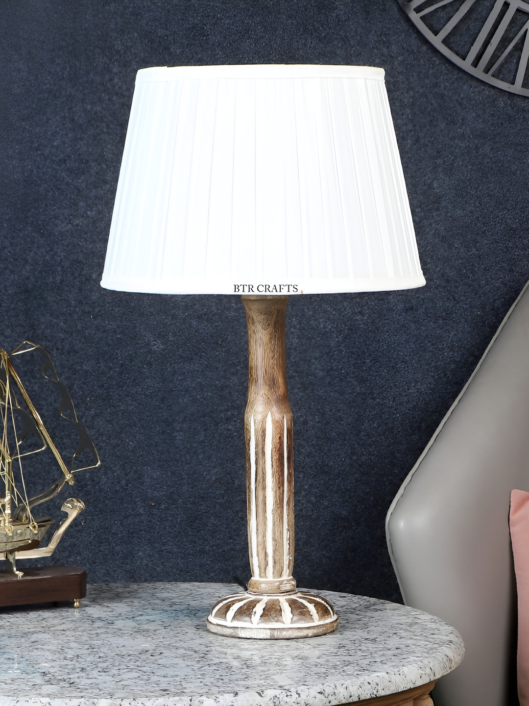 

BTR CRAFTS White & Brown Textured Frustum Shaped Wooden Table Lamp with Adjustable Cord