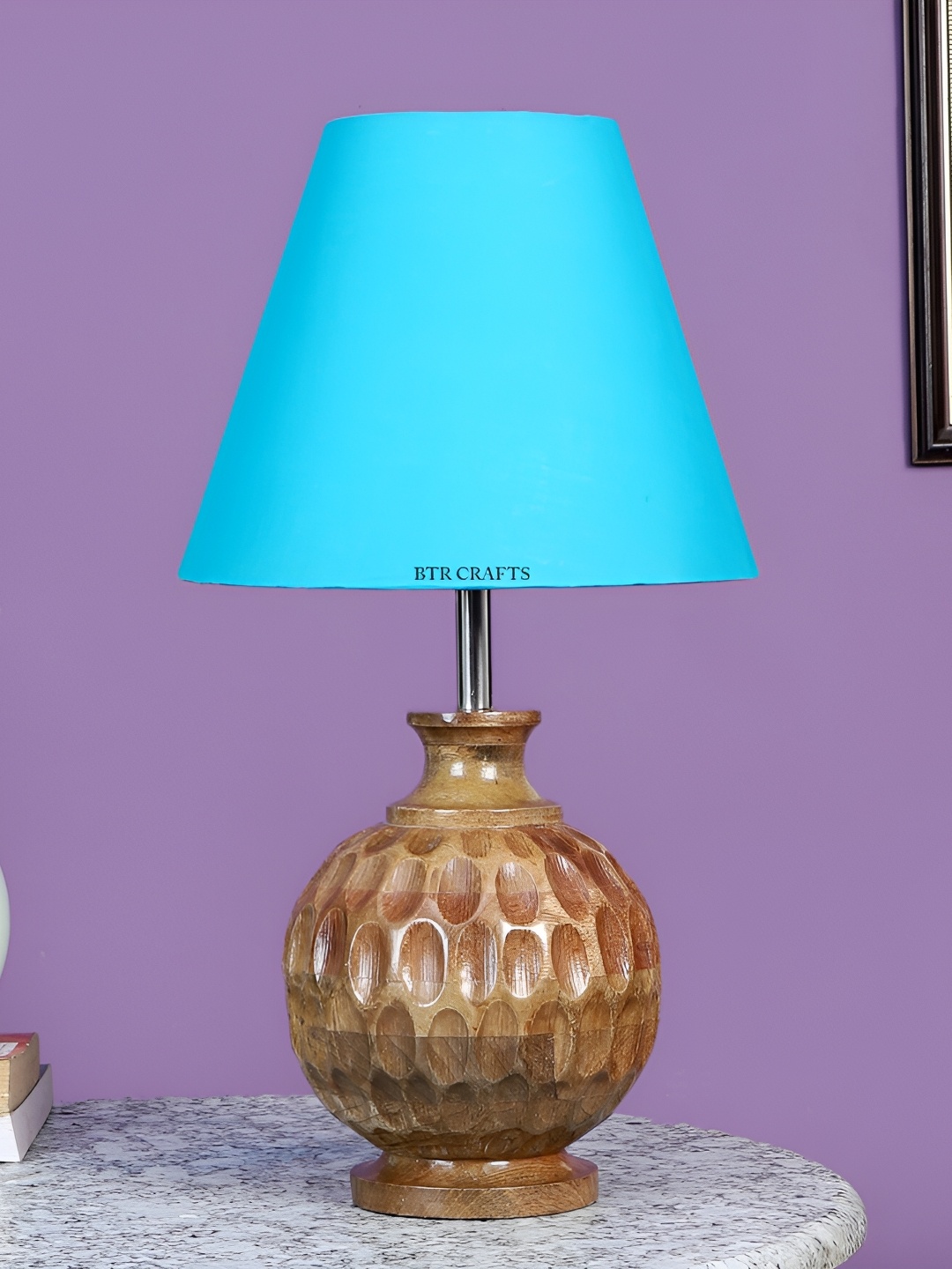 

BTR CRAFTS Blue Wood Frustum Shaped Table Lamp with Adjustable Cord