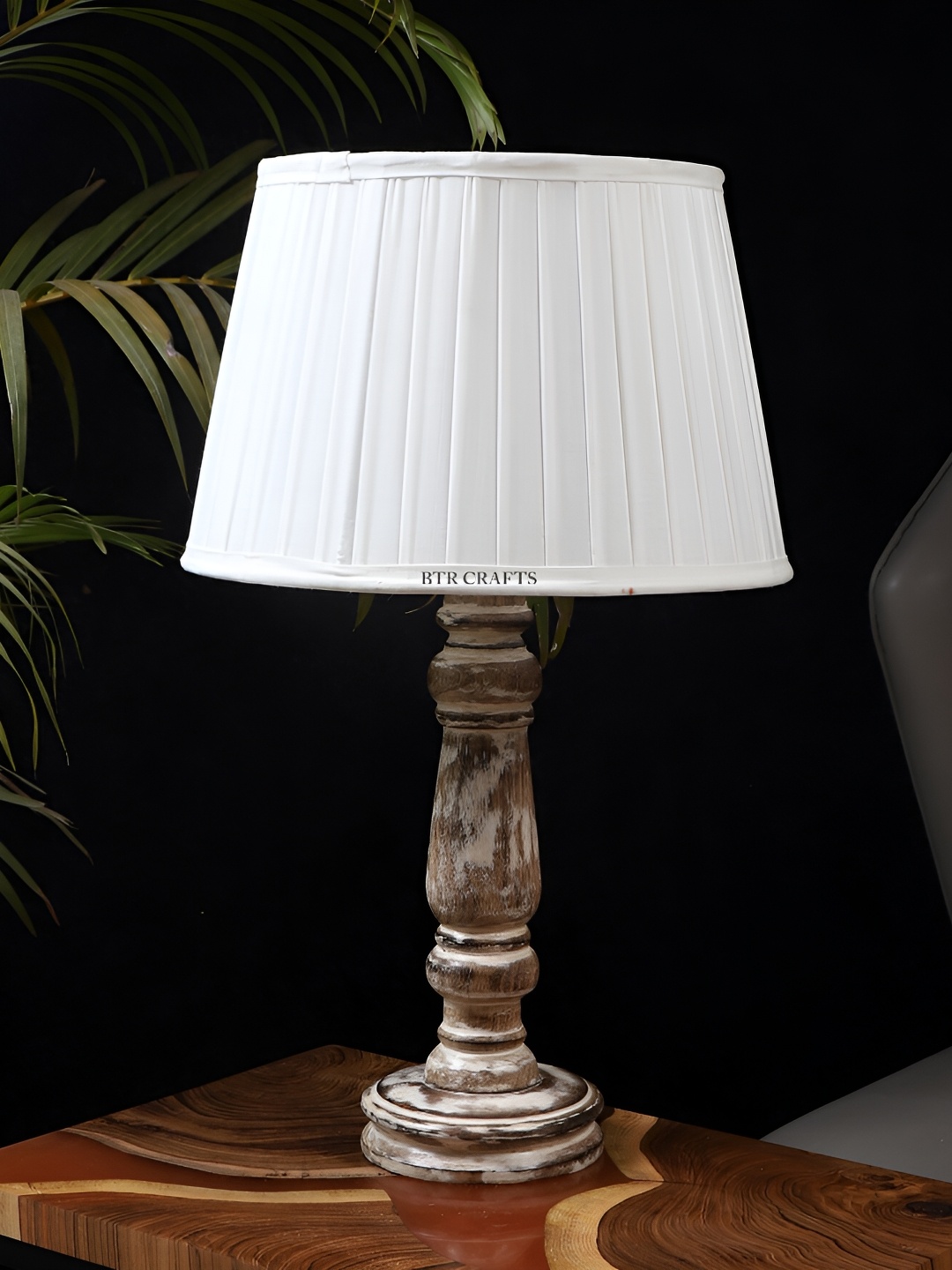 BTR CRAFTS White Wood Frustum Shaped Textured Table Lamp with Adjustable Cord