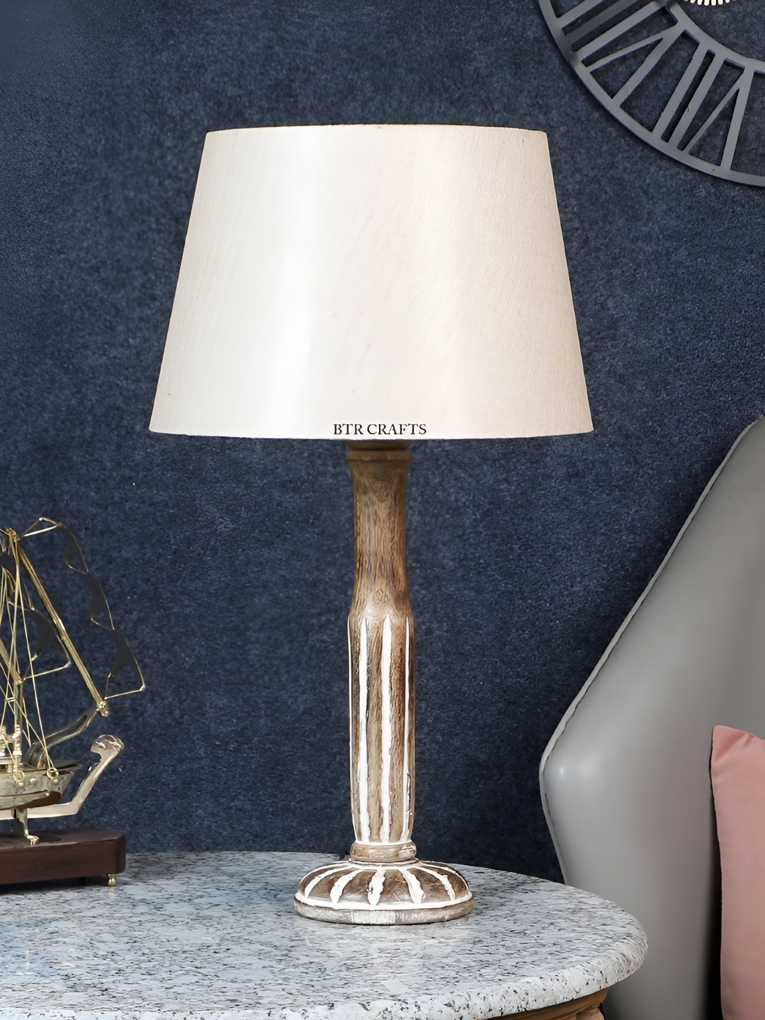BTR CRAFTS Brown & White Wooden Frustum Table Lamp with Adjustable Cord