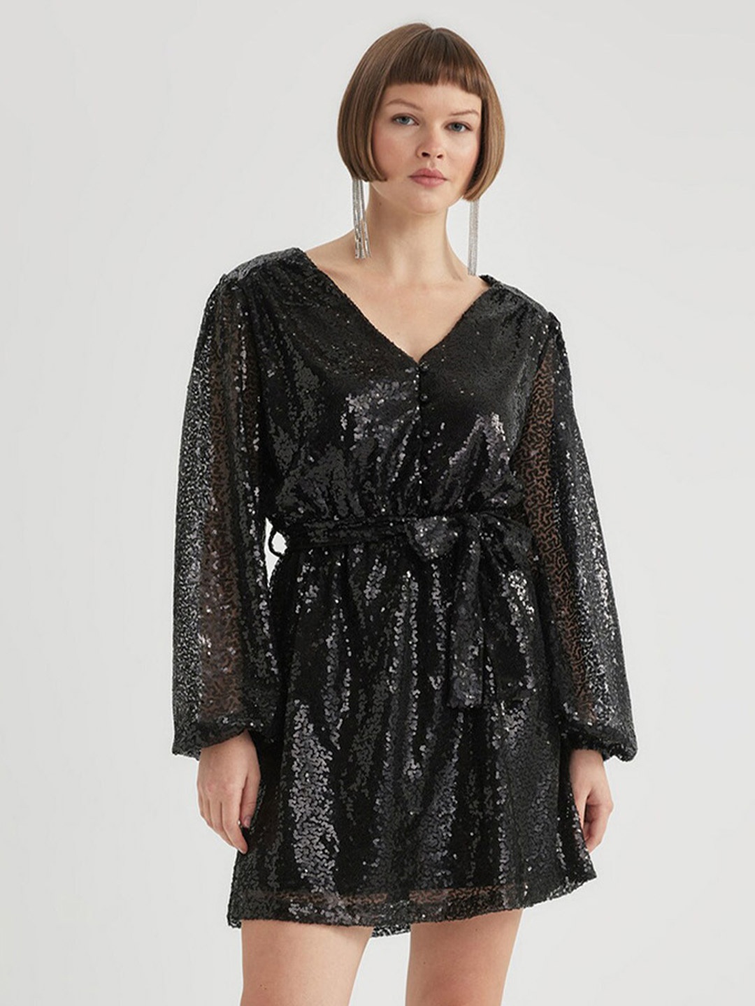 

DeFacto Sequin Embellished Fit & Flare Mini Dress, Black