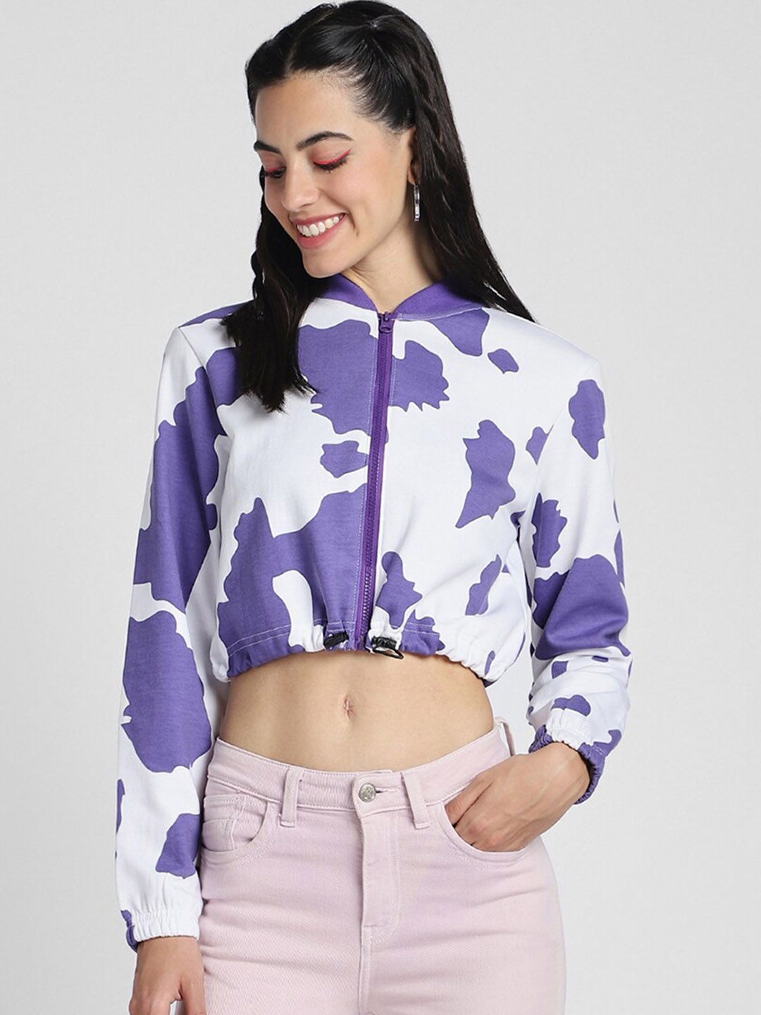 

JUNEBERRY Abstract Printed Fleece Lightweight Crop Bomber Jacket, Purple