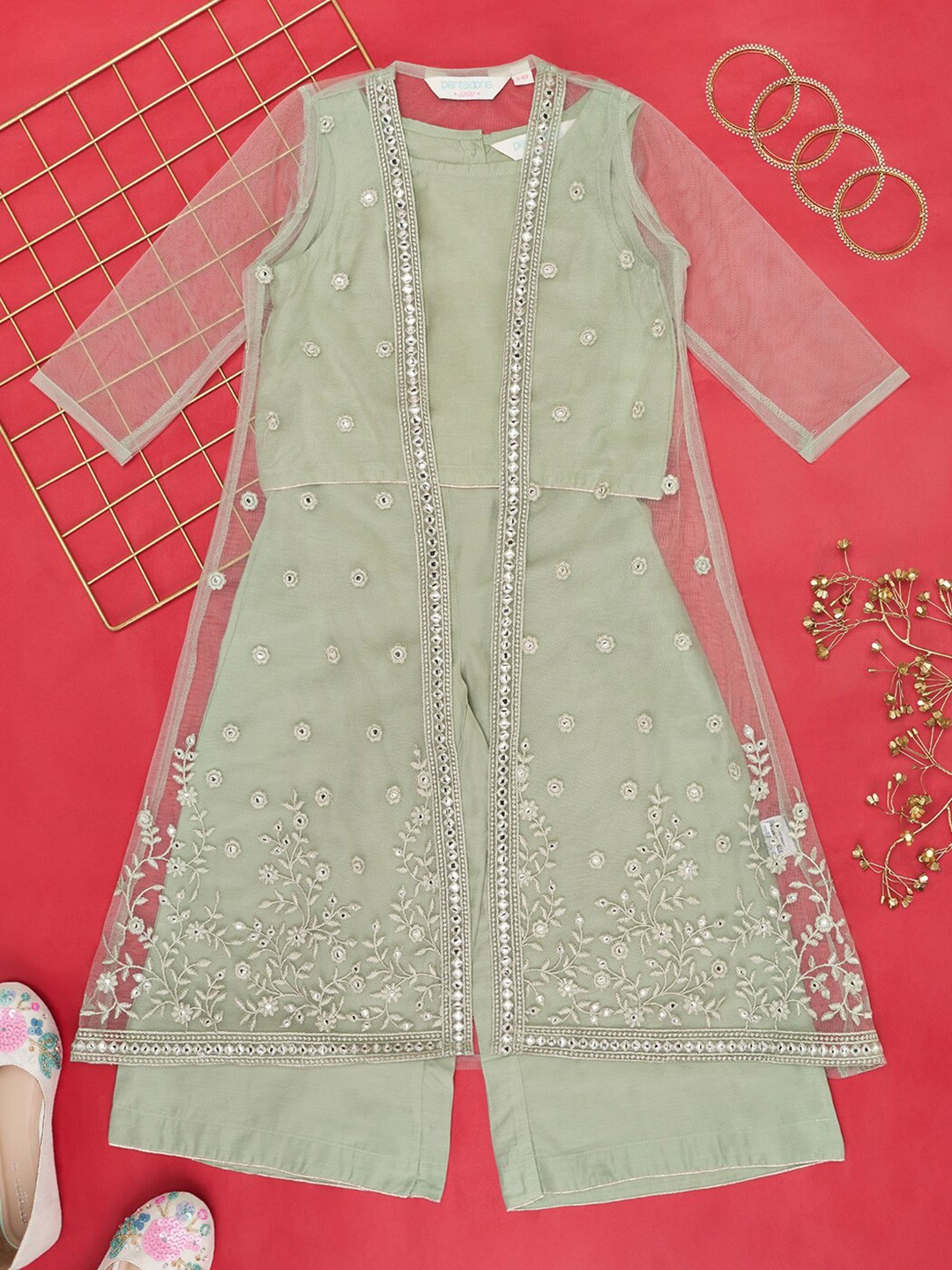 

AKKRITI BY PANTALOONS Girls Round Neck Top With Trousers & Jacket, Sea green