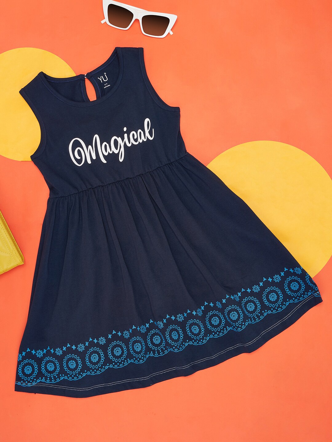 

YU by Pantaloons Typography Printed Cotton Fit & Flare Dress, Navy blue