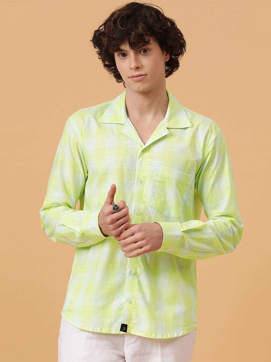 

JAVINISHKA Shepherd Checks Cotton Linen Casual Shirt, Yellow