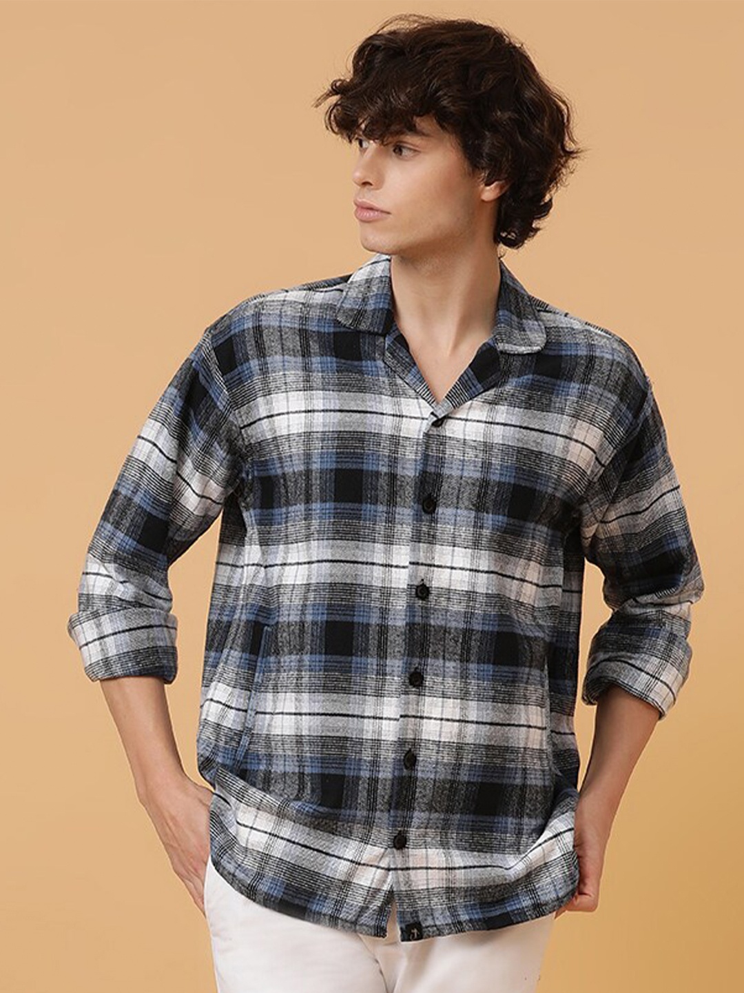 

JAVINISHKA Gingham Checks Relaxed Twill Oversized Organic Cotton Shacket, Blue