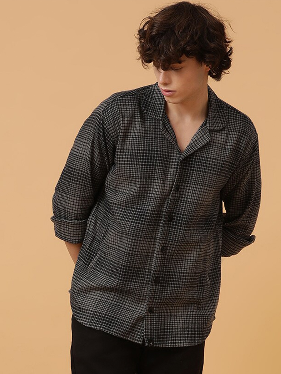 

JAVINISHKA Relaxed Oversized Gingham Checked Twill Weave Organic Cotton Shacket, Black