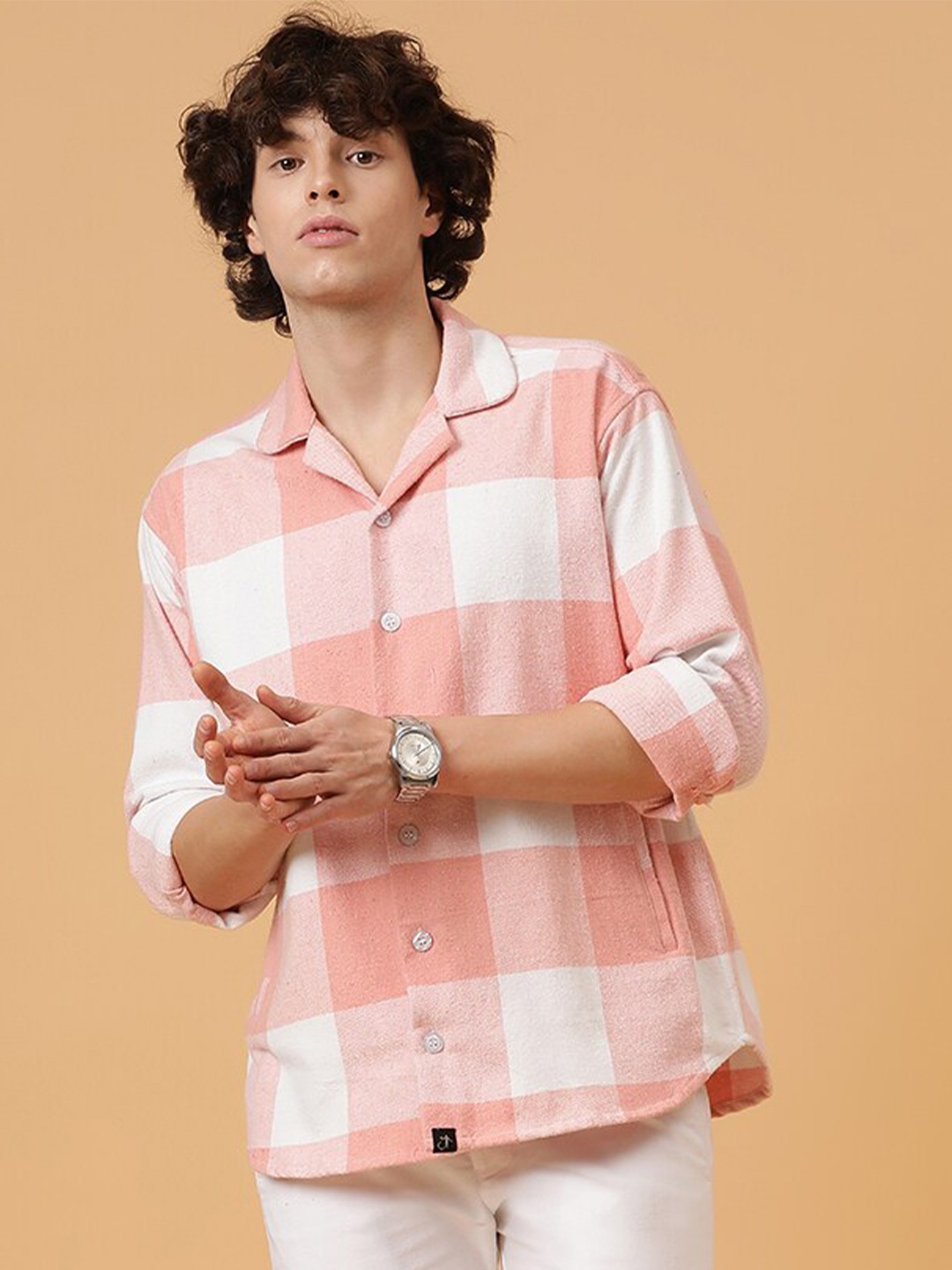 

JAVINISHKA Relaxed Oversized Gingham Checked Twill Weave Organic Cotton Shacket, Peach