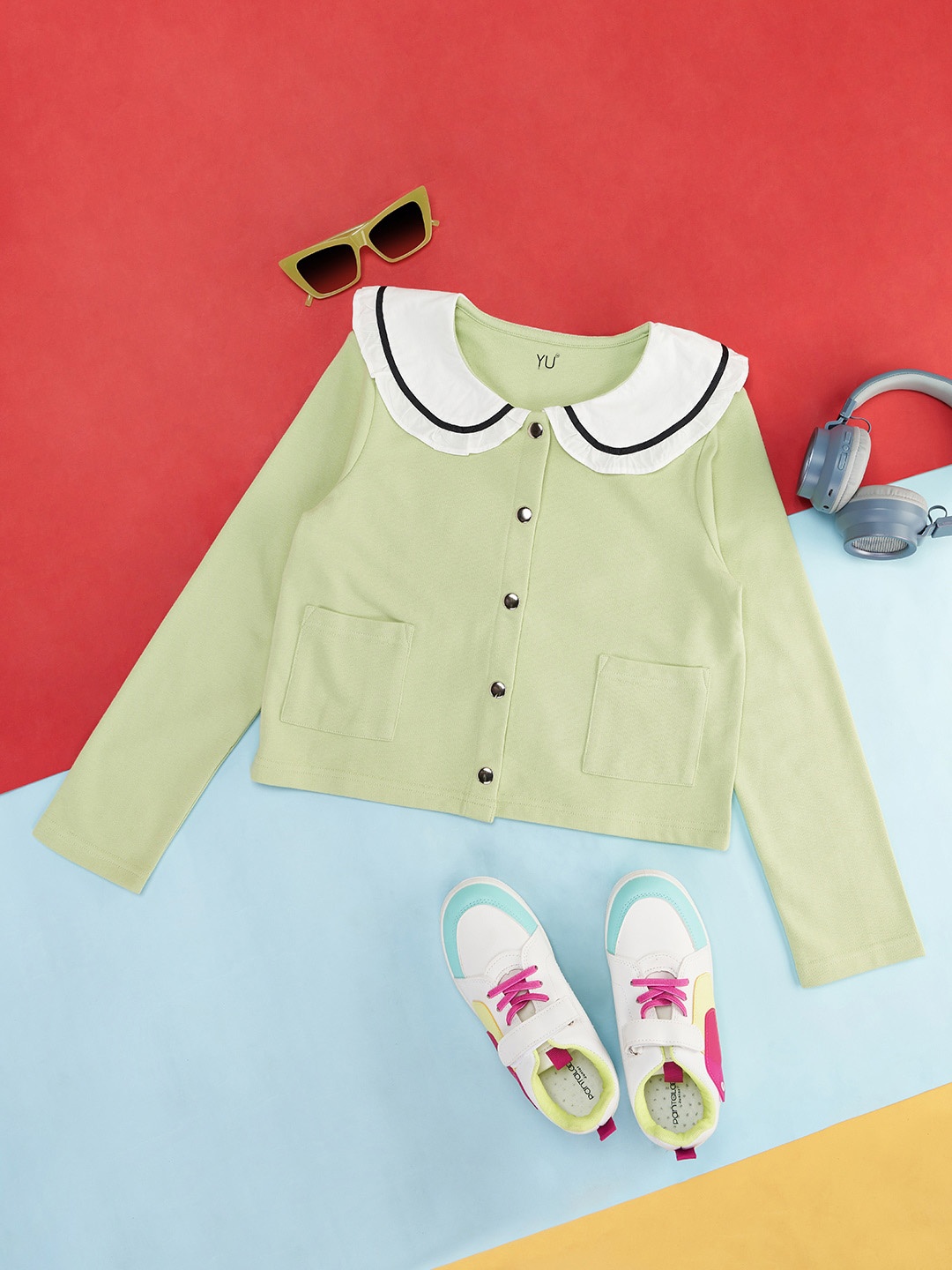 

YU by Pantaloons Girls Peter Pan Collar Open Front Jacket, Green