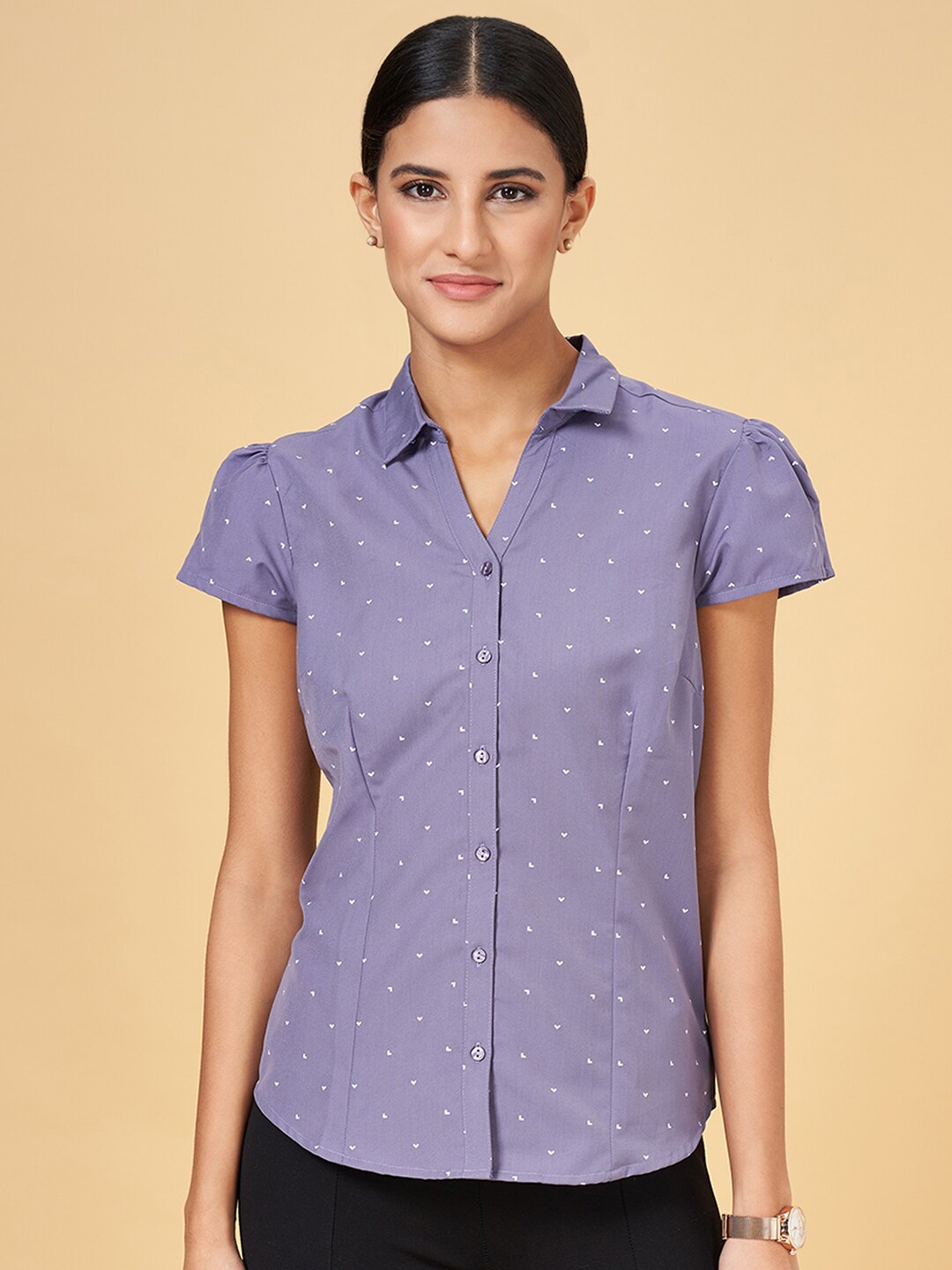 

Annabelle by Pantaloons Polka Dot Printed Classic Cap Sleeves Formal Shirt, Purple