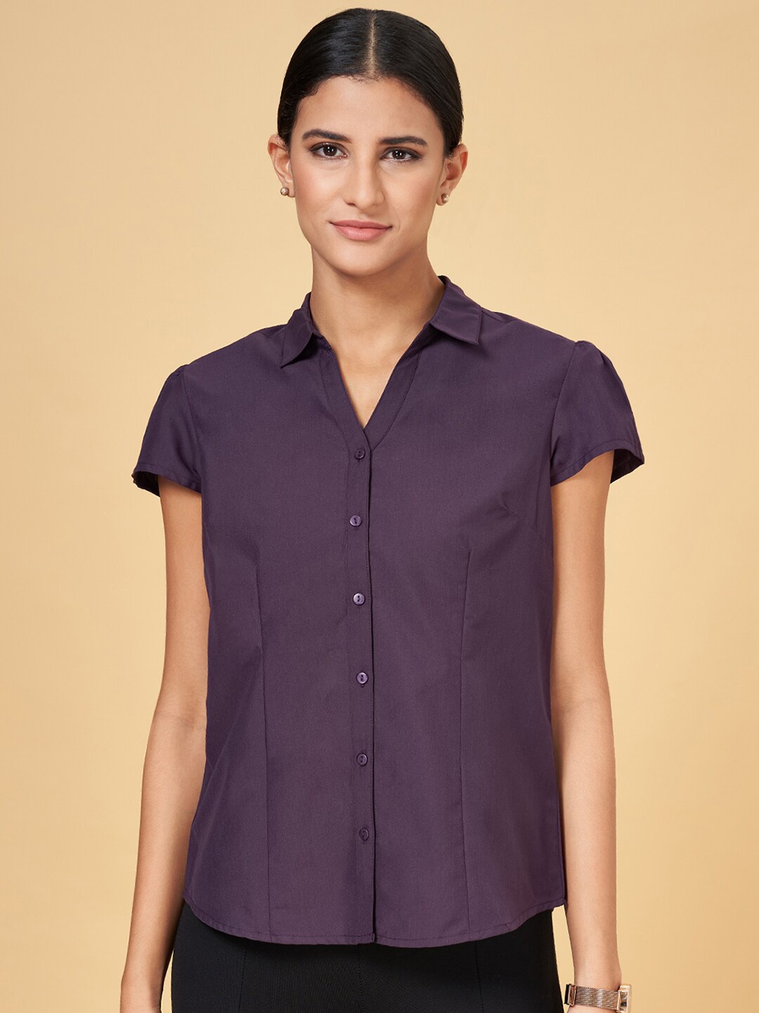 

Annabelle by Pantaloons Classic Cap Sleeves Formal Shirt, Purple