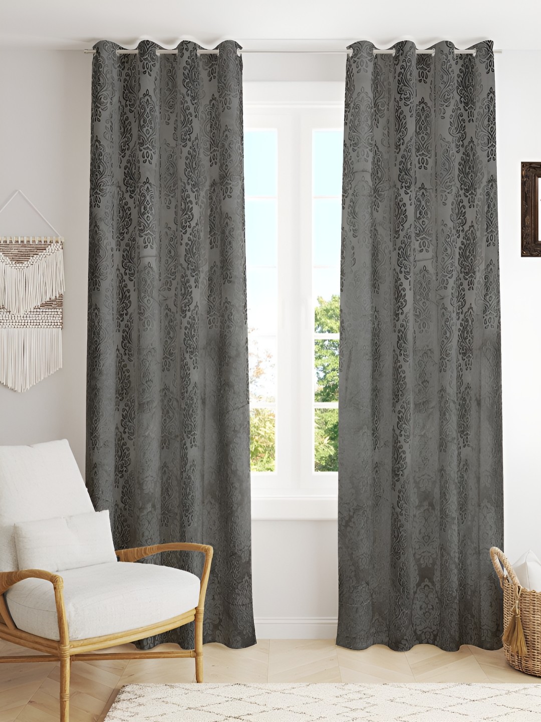 

Kraftiq Homes Burnout Velvet Grey 2 Pieces Room Darkening Window Curtain