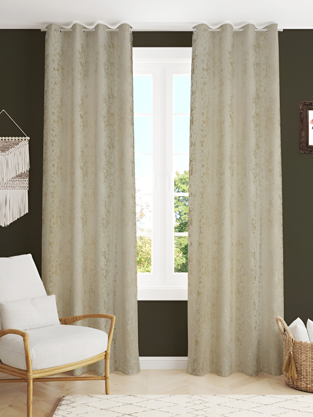 

Kraftiq Homes Foil Cream 2 Pcs Ethnic Motifs Velvet Room Darkening Long Door Curtains, Coral