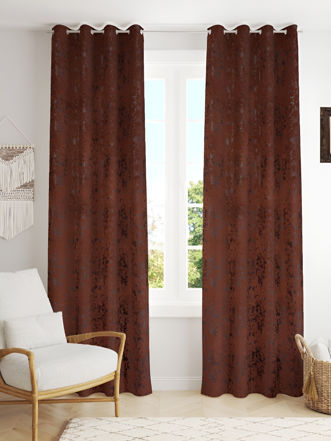 

Kraftiq Homes BurnOut Brown 2 Pieces Velvet Self Design Room Darkening Window Curtains