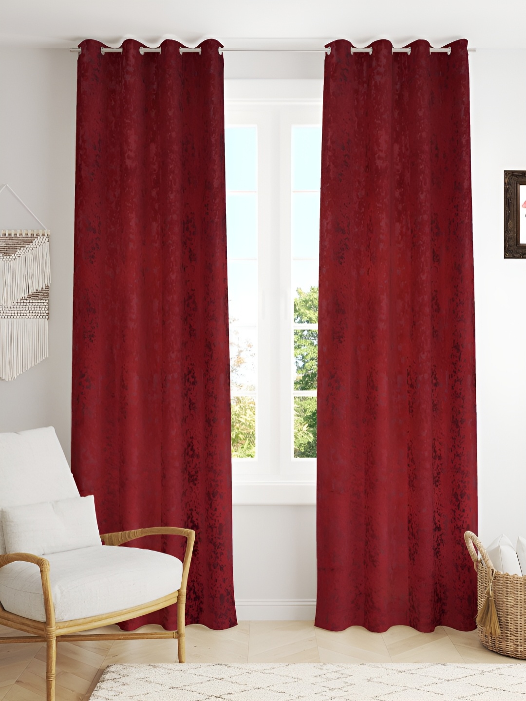 

Kraftiq Homes Maroon 2 Pieces Self Design Room Darkening Door Curtain