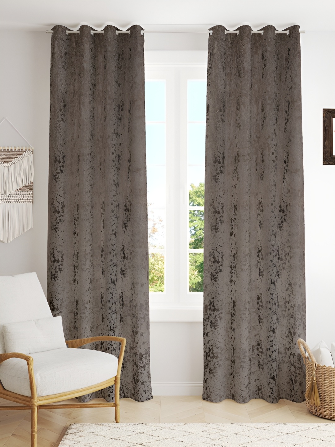 

Kraftiq Homes BurnOut Grey 2 Pieces Velvet Room Darkening Window Curtains