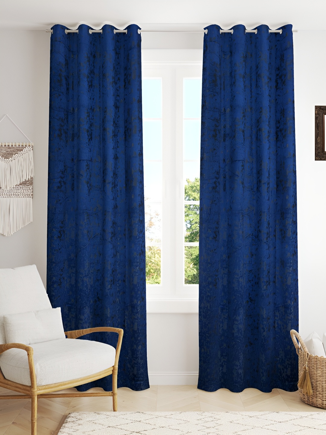 

Kraftiq Homes BurnOut Blue 2 Pieces Textured Velvet Room Darkening Door Curtains