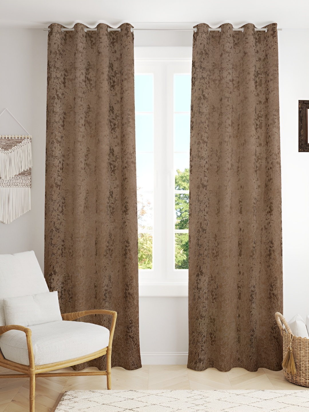 

Kraftiq Homes BurnOut Brown 2 Pieces Velvet Self Design Room Darkening Window Curtains