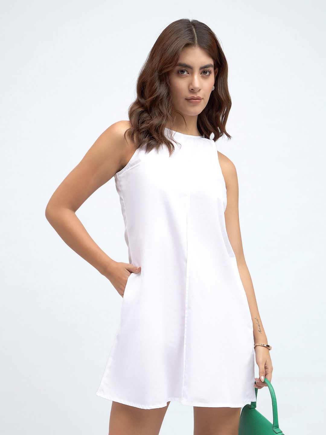 

DL Woman Round Neck Sleeveless Cotton A Line Mini Dress, Off white