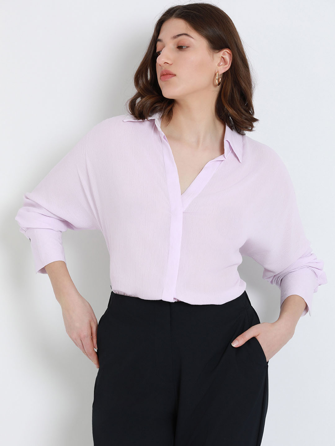 

DL Woman Self Design Raglan Sleeves Oversized Casual Shirt, Lavender